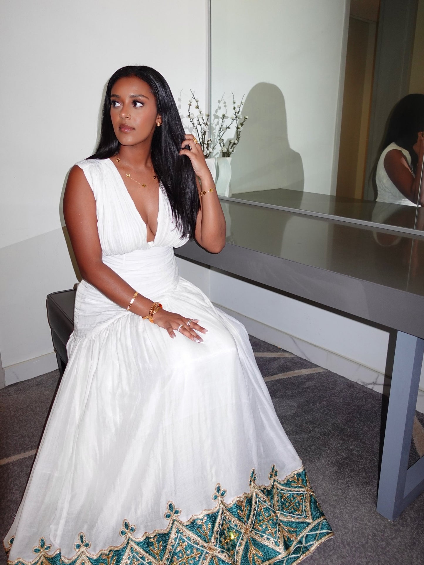 Ivory Cascade Habesha Dress Outfit Teal Embroidery Habesha Kemis Pleated Silhouette Ethiopian Dress 1069