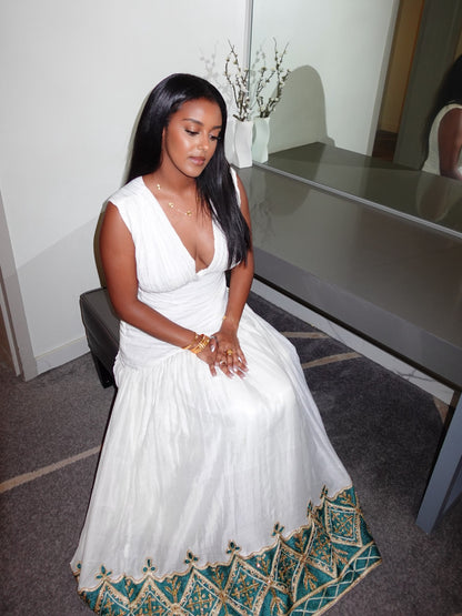 Ivory Cascade Habesha Dress Outfit Teal Embroidery Habesha Kemis Pleated Silhouette Ethiopian Dress 1069