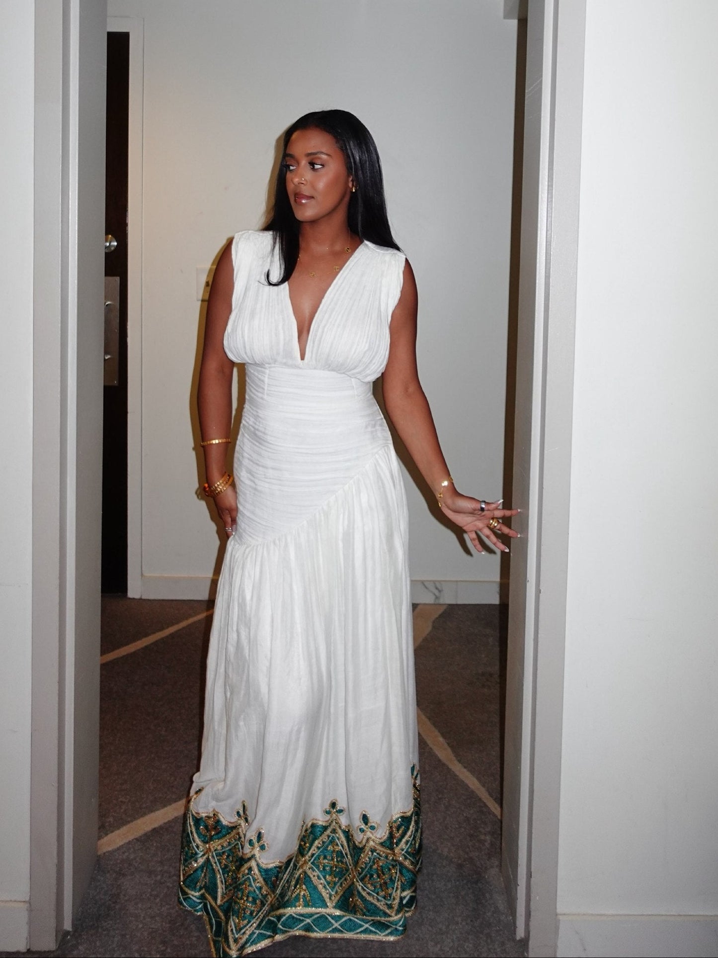 Ivory Cascade Habesha Dress Outfit Teal Embroidery Habesha Kemis Pleated Silhouette Ethiopian Dress 1069