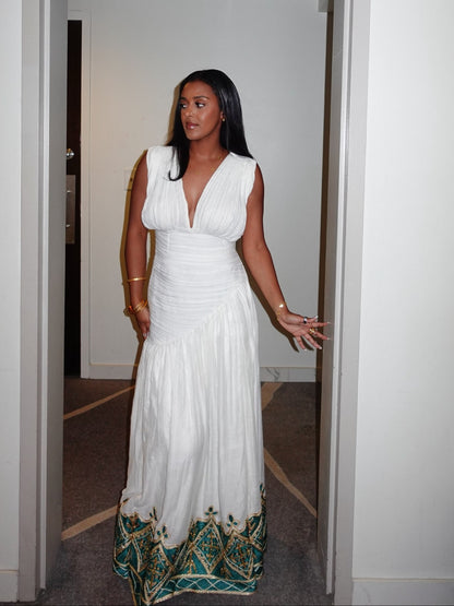 Ivory Cascade Habesha Dress Outfit Teal Embroidery Habesha Kemis Pleated Silhouette Ethiopian Dress 1069