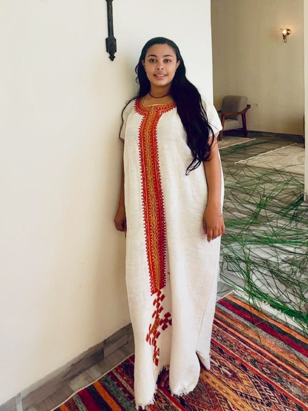 Crimson Threaded Habesha Heritage Tunic with Handcrafted Ethiopian Embroidery