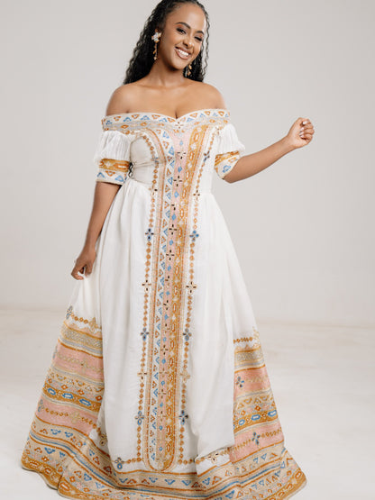 Ivory Celestial Ethiopian Wedding Dress | Habesha Traditional Bridal Embroidery