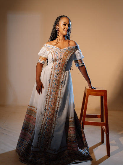 Celestial Ethiopian Wedding Dress Handwoven Habesha Kemis Embroidery Regal Detail Habesha Dress 1071