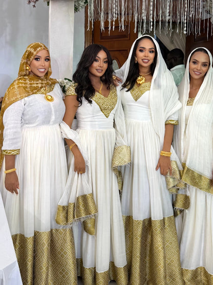 Golden Geometric Habesha Dress Design Ensemble with Graceful Ethiopian Dress Detailing 1072