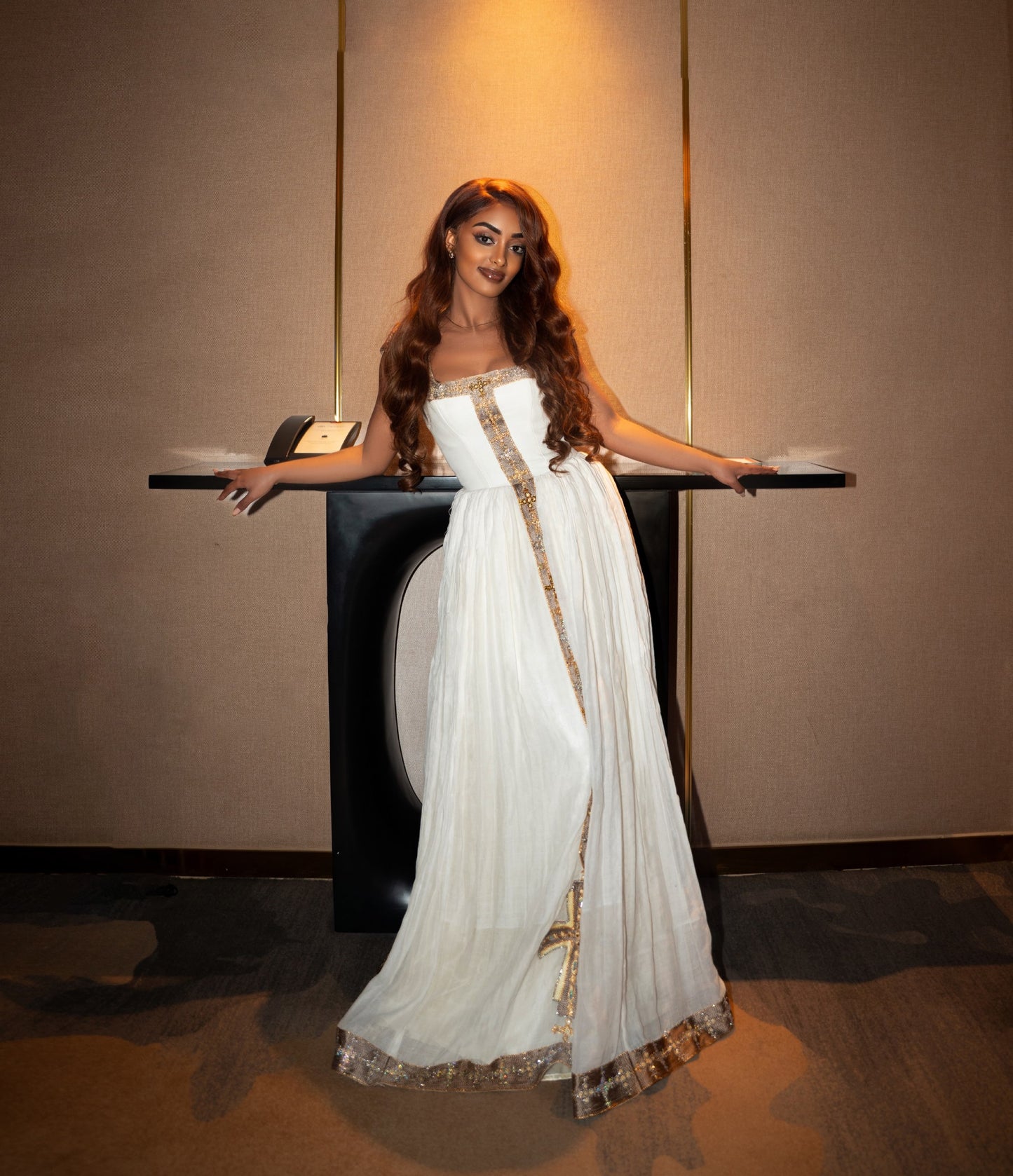 Gold-Trimmed Ethiopian Traditional Dress Regal Cross Embroidery and Timeless Grace Habesha Kemis 1074