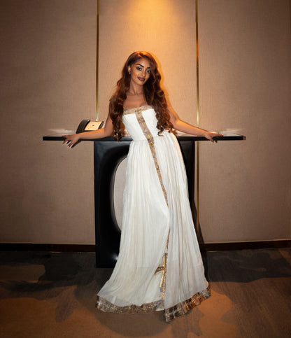 Gold-Trimmed Ethiopian Traditional Dress Regal Cross Embroidery and Timeless Grace Habesha Kemis 1074