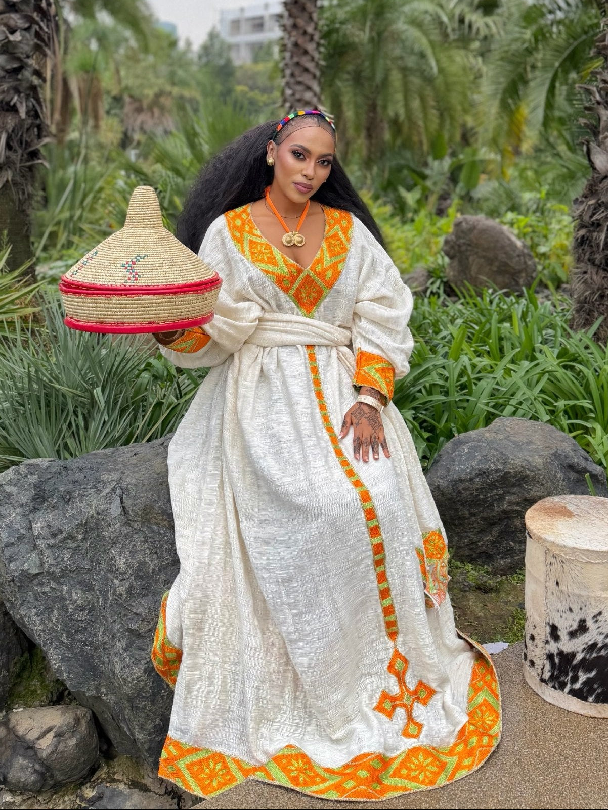 Bright Orange Yellow Geometric Habesha Dress V-Neck Habesha Kemis With Long Sleeved Ethiopian Dress 1075