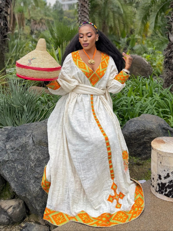 Bright Orange Yellow Geometric Habesha Dress V-Neck Habesha Kemis With Long Sleeved Ethiopian Dress 1075