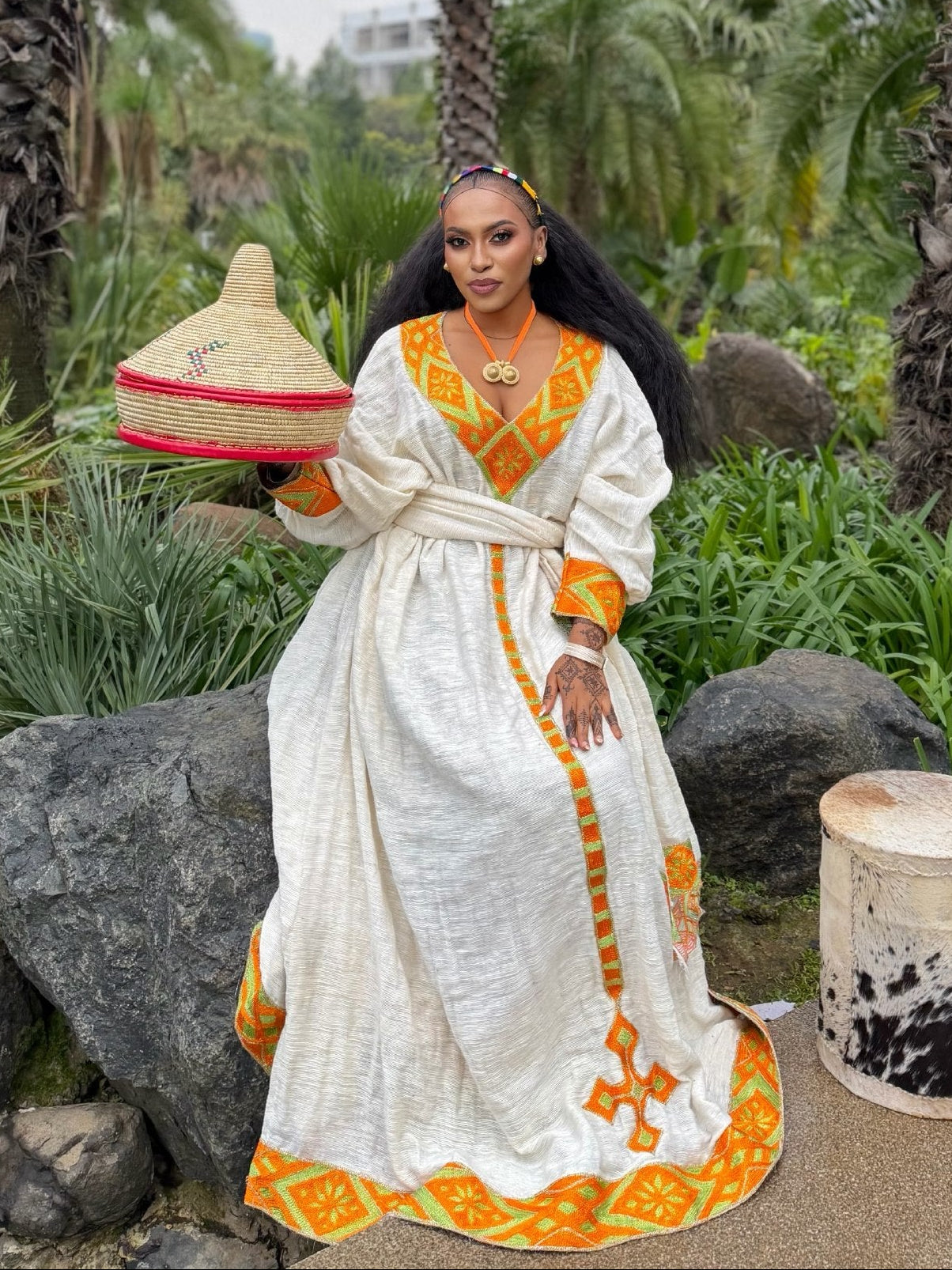 Vibrant Citrus Orange Habesha Kemis Online Boutique Ethiopian Clothing