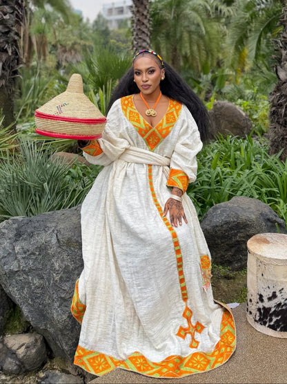 Vibrant Citrus Orange Habesha Kemis Online Boutique Ethiopian Clothing