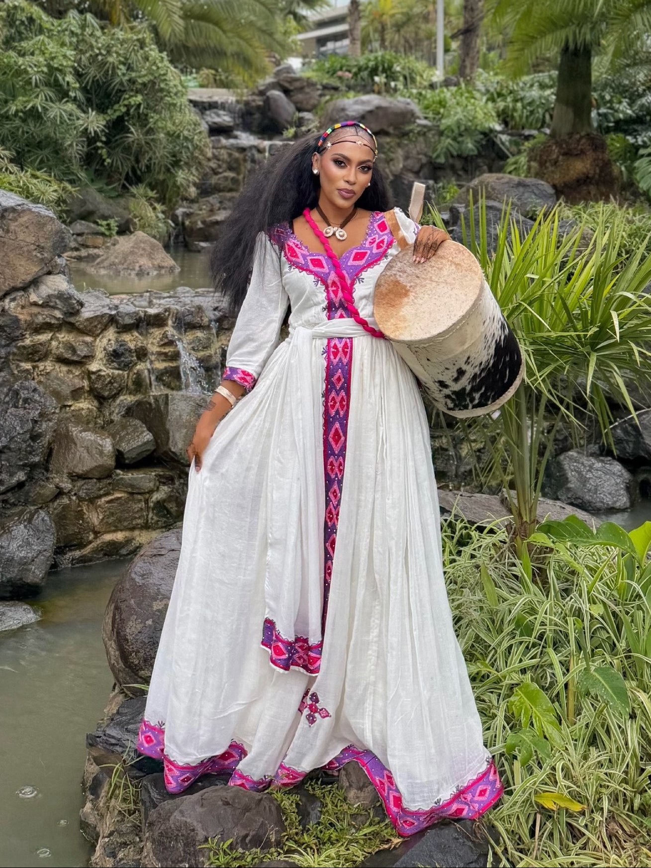 Vibrant Magenta Violet Diamond Ethiopian Traditional Dress Quarter Sleeved Habesha Kemis Collection 1076