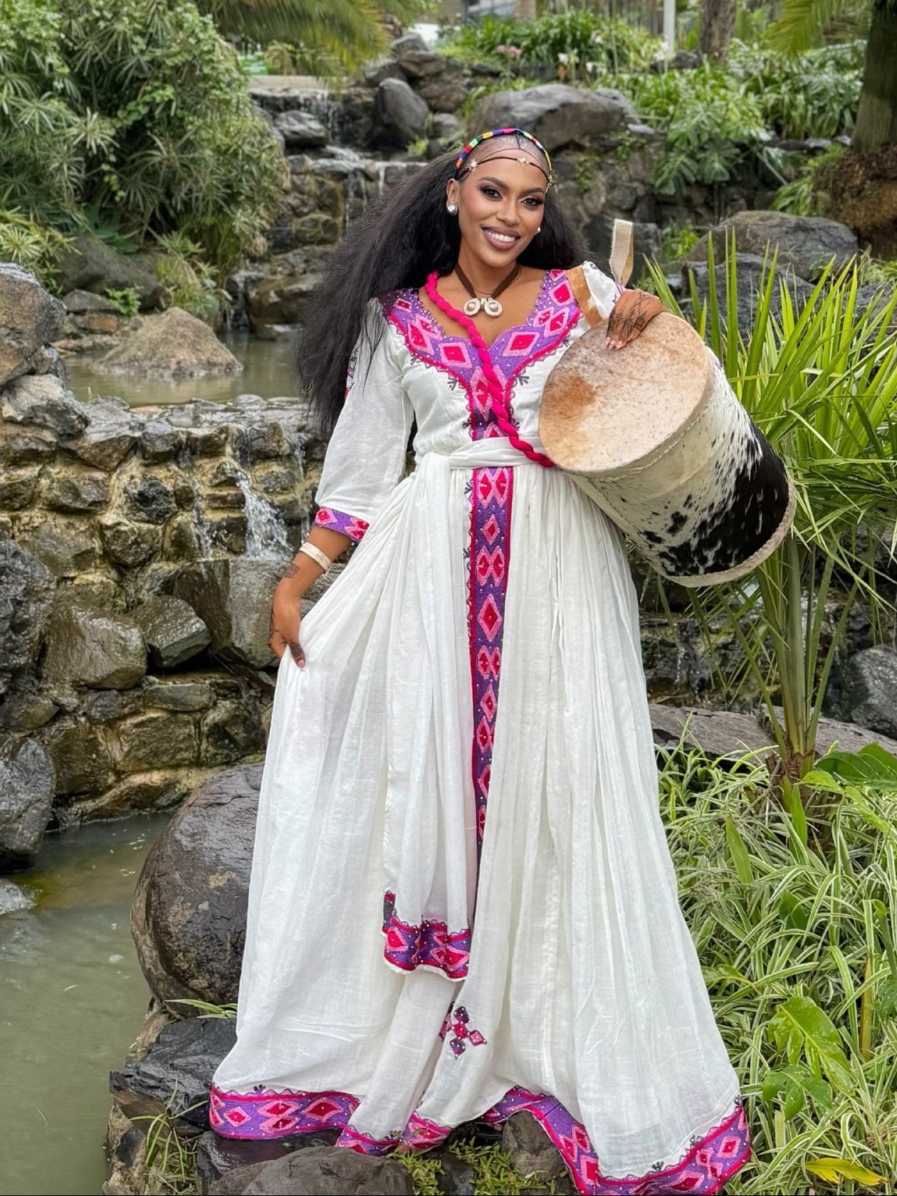 Magenta Pink Geometric Habesha Kemis Online Fine Ethiopian Clothing Gallery