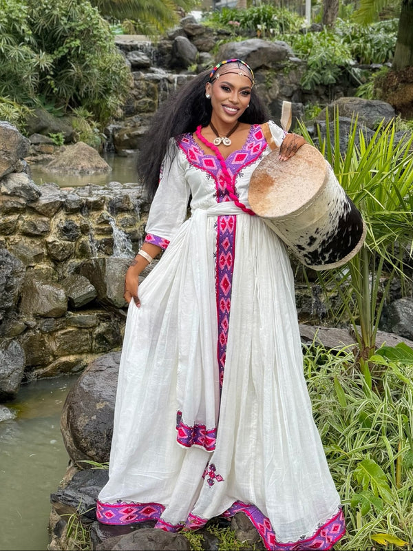 Magenta Pink Geometric Habesha Kemis Online Fine Ethiopian Clothing Gallery