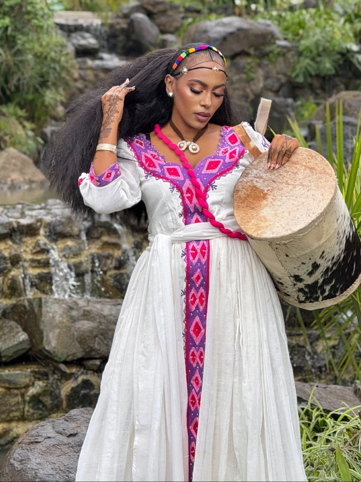 Vibrant Magenta Violet Diamond Ethiopian Traditional Dress Quarter Sleeved Habesha Kemis Collection 1076