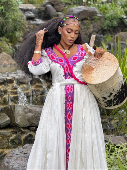 Vibrant Magenta Violet Diamond Ethiopian Traditional Dress Quarter Sleeved Habesha Kemis Collection 1076