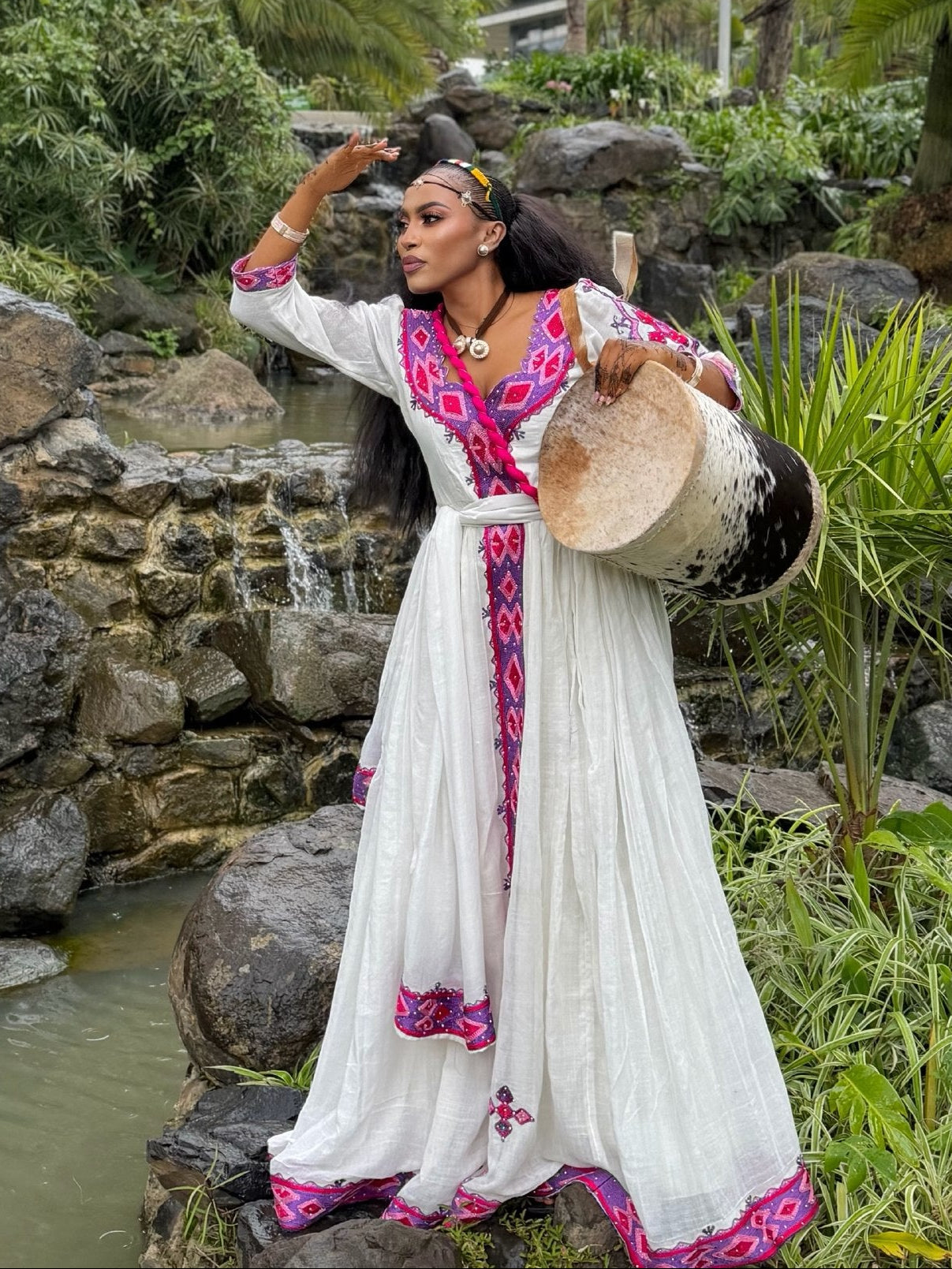 Vibrant Magenta Violet Diamond Ethiopian Traditional Dress Quarter Sleeved Habesha Kemis Collection 1076