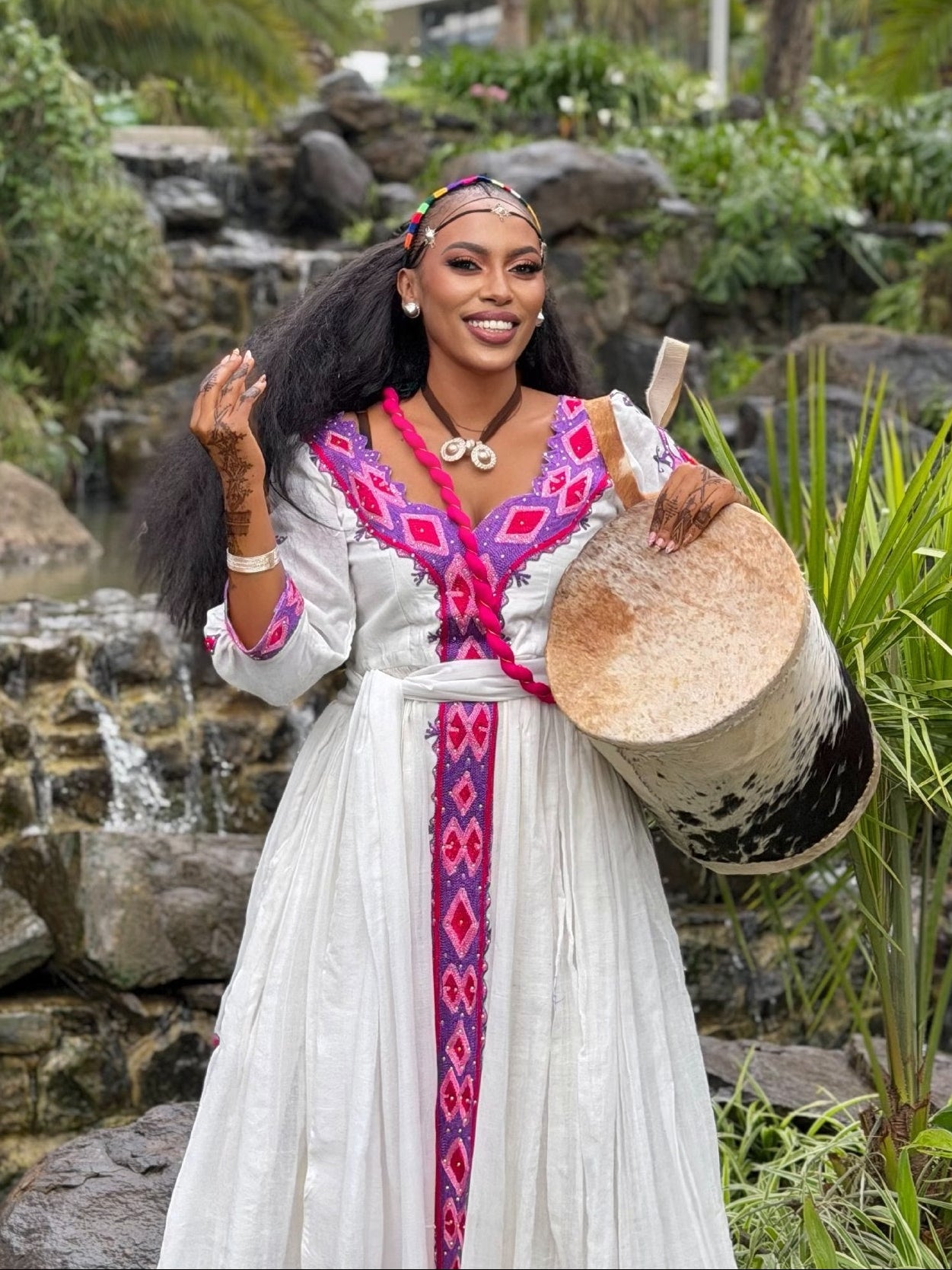 Vibrant Magenta Violet Diamond Ethiopian Traditional Dress Quarter Sleeved Habesha Kemis Collection 1076