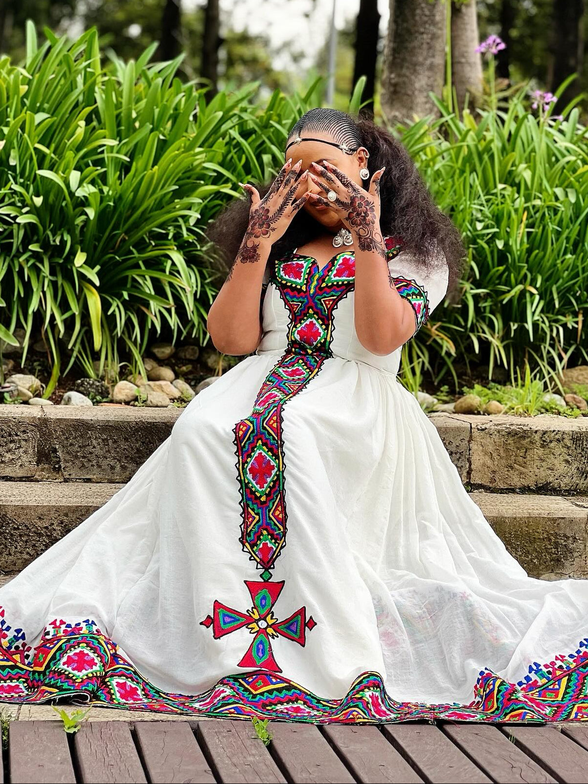 Kaleidoscope Stained Glass Diamond Habesha Kemis Short Sleeve Ethiopian Dress For Festive 1077