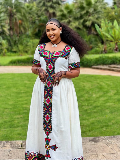 Kaleidoscope Stained Glass Diamond Habesha Kemis Short Sleeve Ethiopian Dress For Festive 1077
