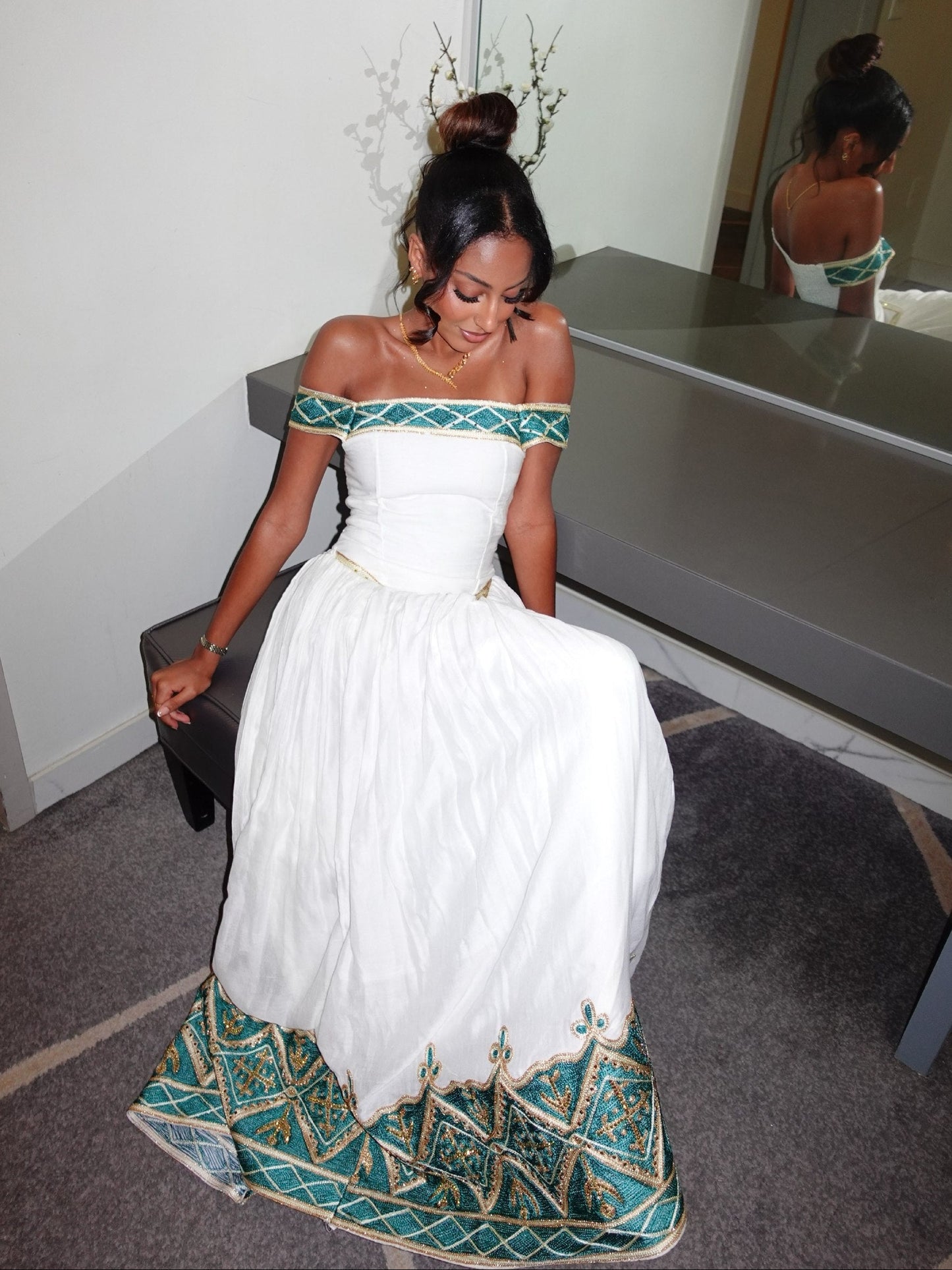 Royal Emerald Gold Off-Shoulder Habesha Kemis Online Artisanal Ethiopian Clothing