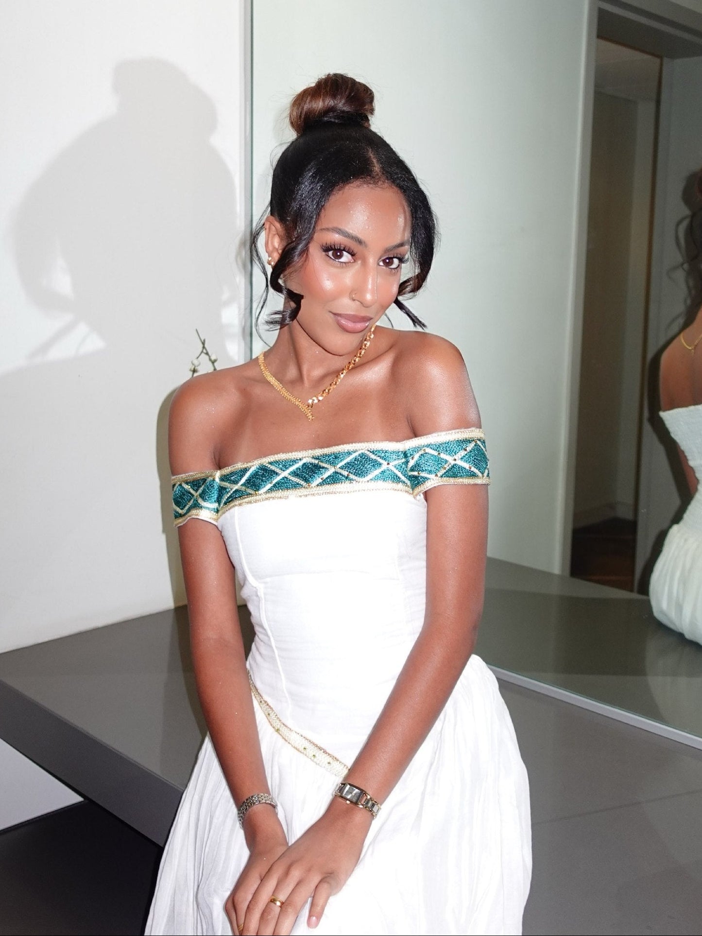 Emerald Gold Chevron Ethiopian Dress Off-The-Shoulder Habesha Kemis Ballgown Habesha Dress 1078