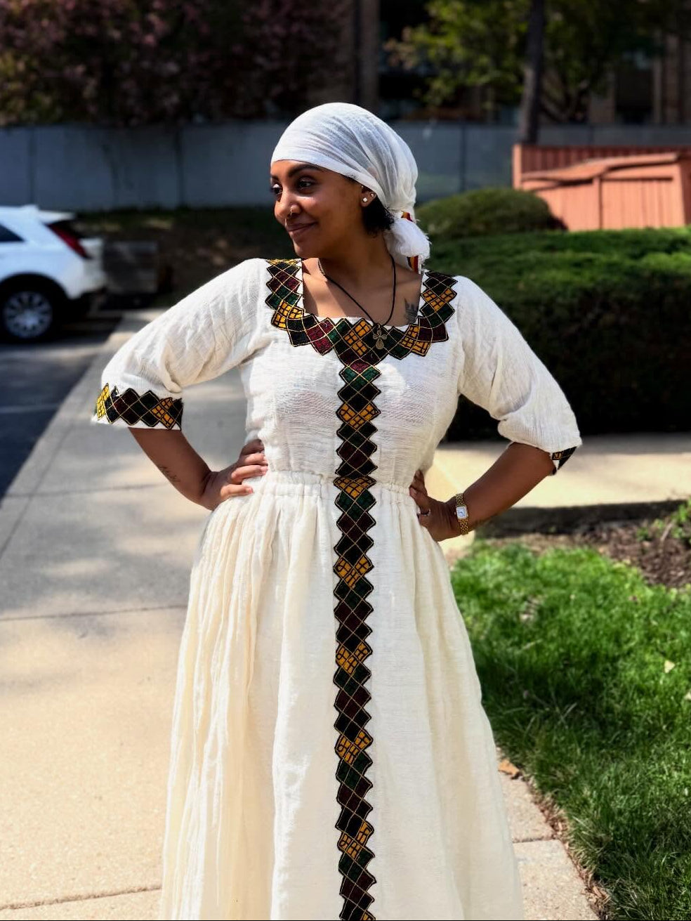 Black Multicolored Diamond Habesha Kemis Vertical Tilf Ethiopian Dress Quarter Sleeved Habesha Dress 1079