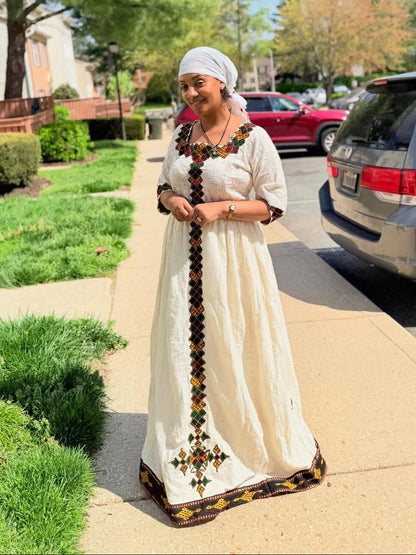 Earthy Diamond Geometric Habesha Kemis Online Authentic Ethiopian Clothing