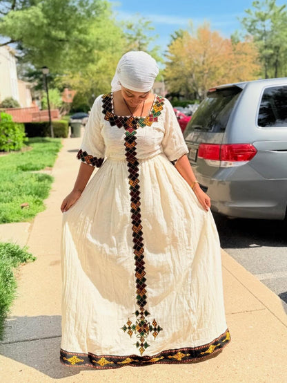 Black Multicolored Diamond Habesha Kemis Vertical Tilf Ethiopian Dress Quarter Sleeved Habesha Dress 1079