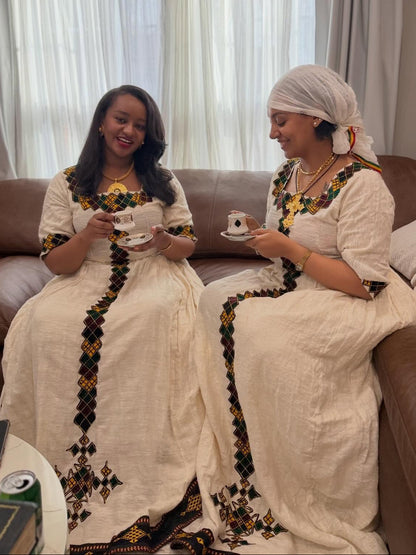 Black Multicolored Diamond Habesha Kemis Vertical Tilf Ethiopian Dress Quarter Sleeved Habesha Dress 1079