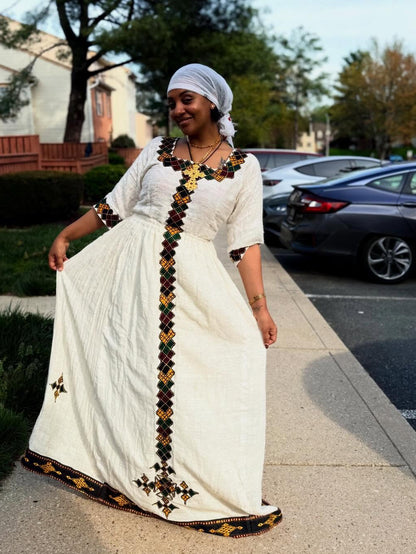 Black Multicolored Diamond Habesha Kemis Vertical Tilf Ethiopian Dress Quarter Sleeved Habesha Dress 1079