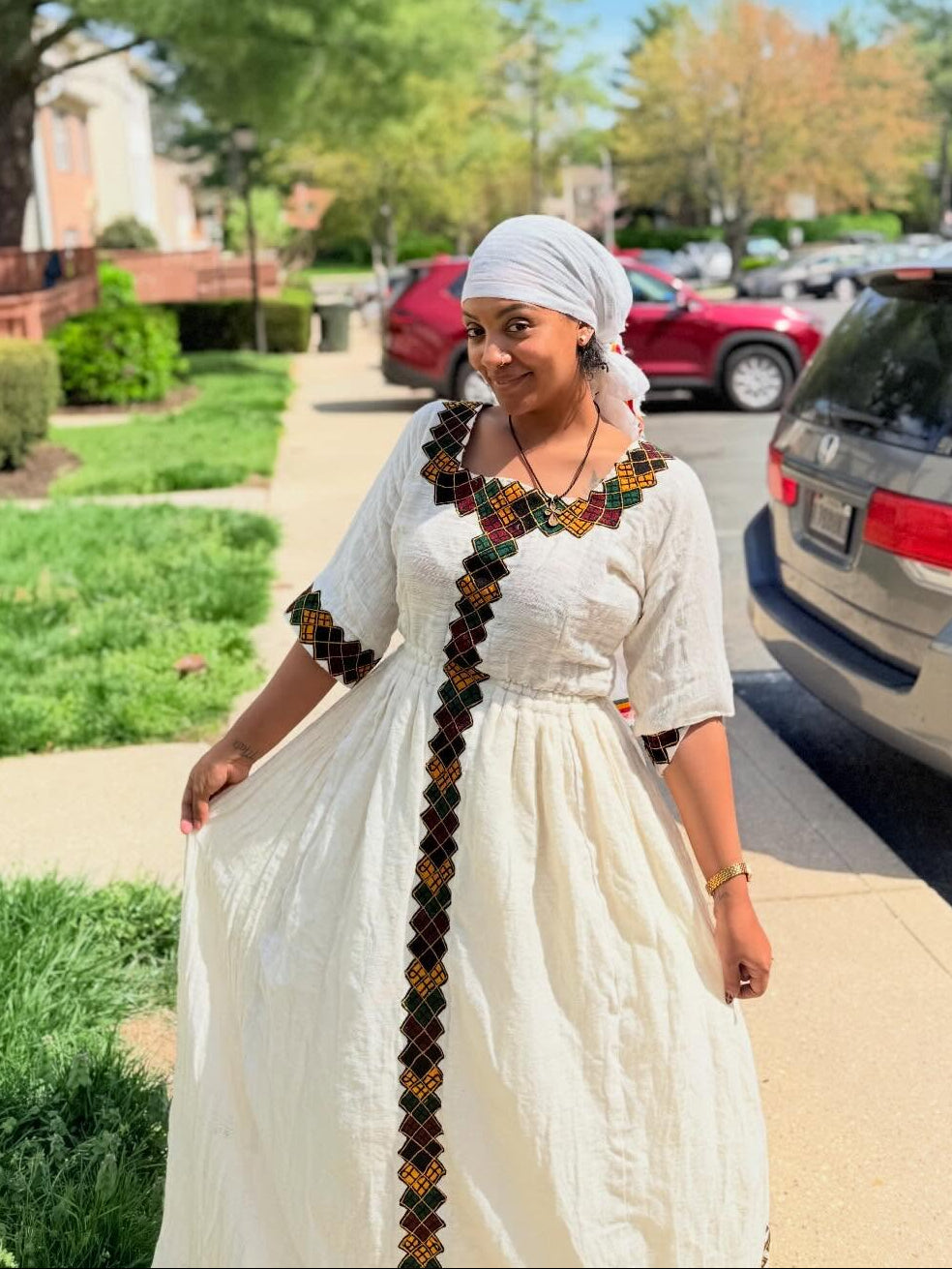 Black Multicolored Diamond Habesha Kemis Vertical Tilf Ethiopian Dress Quarter Sleeved Habesha Dress 1079