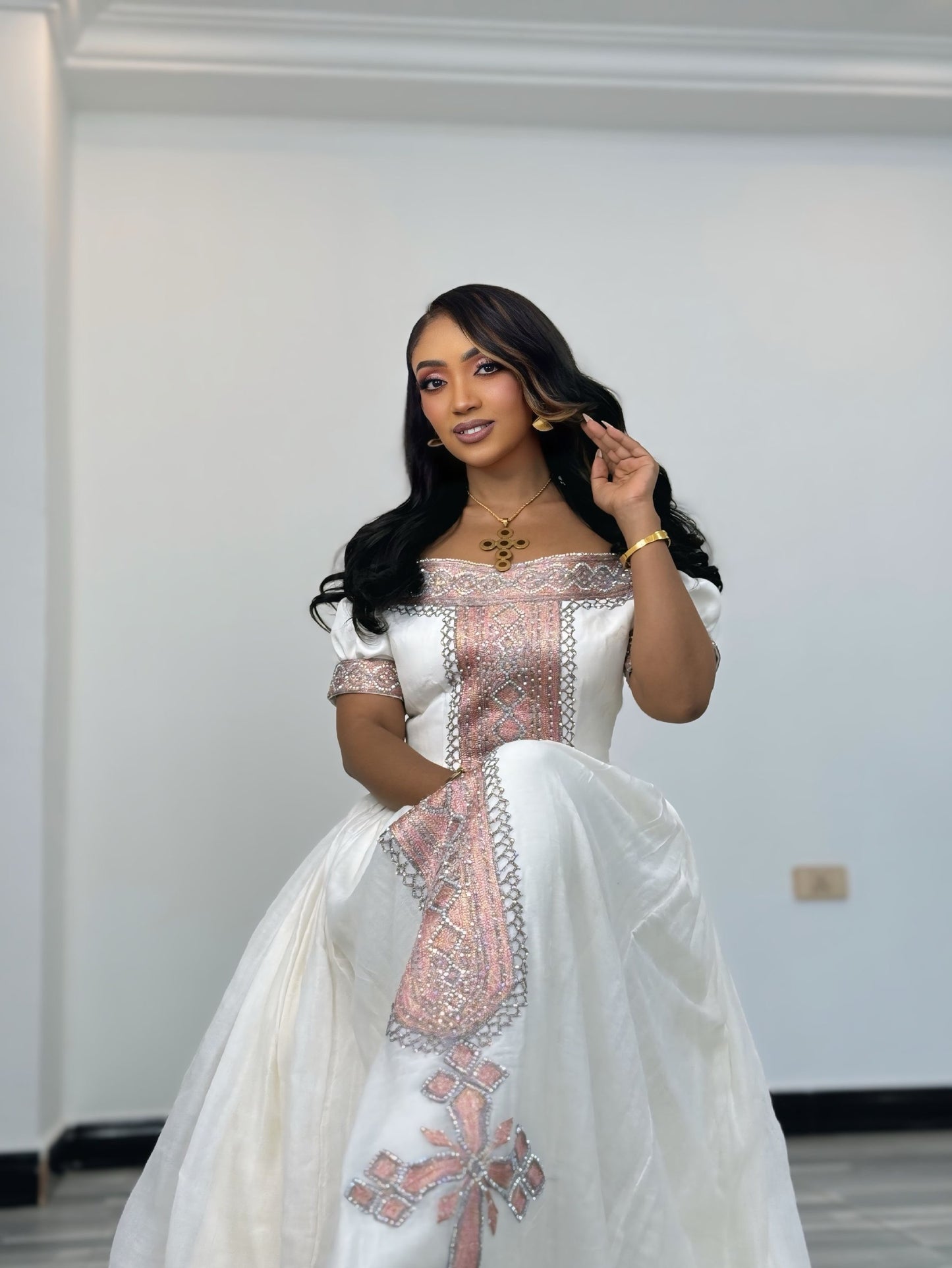 Shimmering Rose Gold Silver Habesha Dress Off-Shoulder Habesha Kemis Short Sleeved Ethiopian Dress 1080