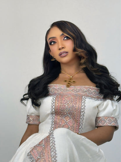 Shimmering Rose Gold Silver Habesha Dress Off-Shoulder Habesha Kemis Short Sleeved Ethiopian Dress 1080