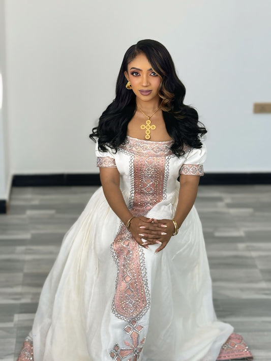 Blush Metallic Diamond Habesha Kemis Online Luxury Ethiopian Clothing