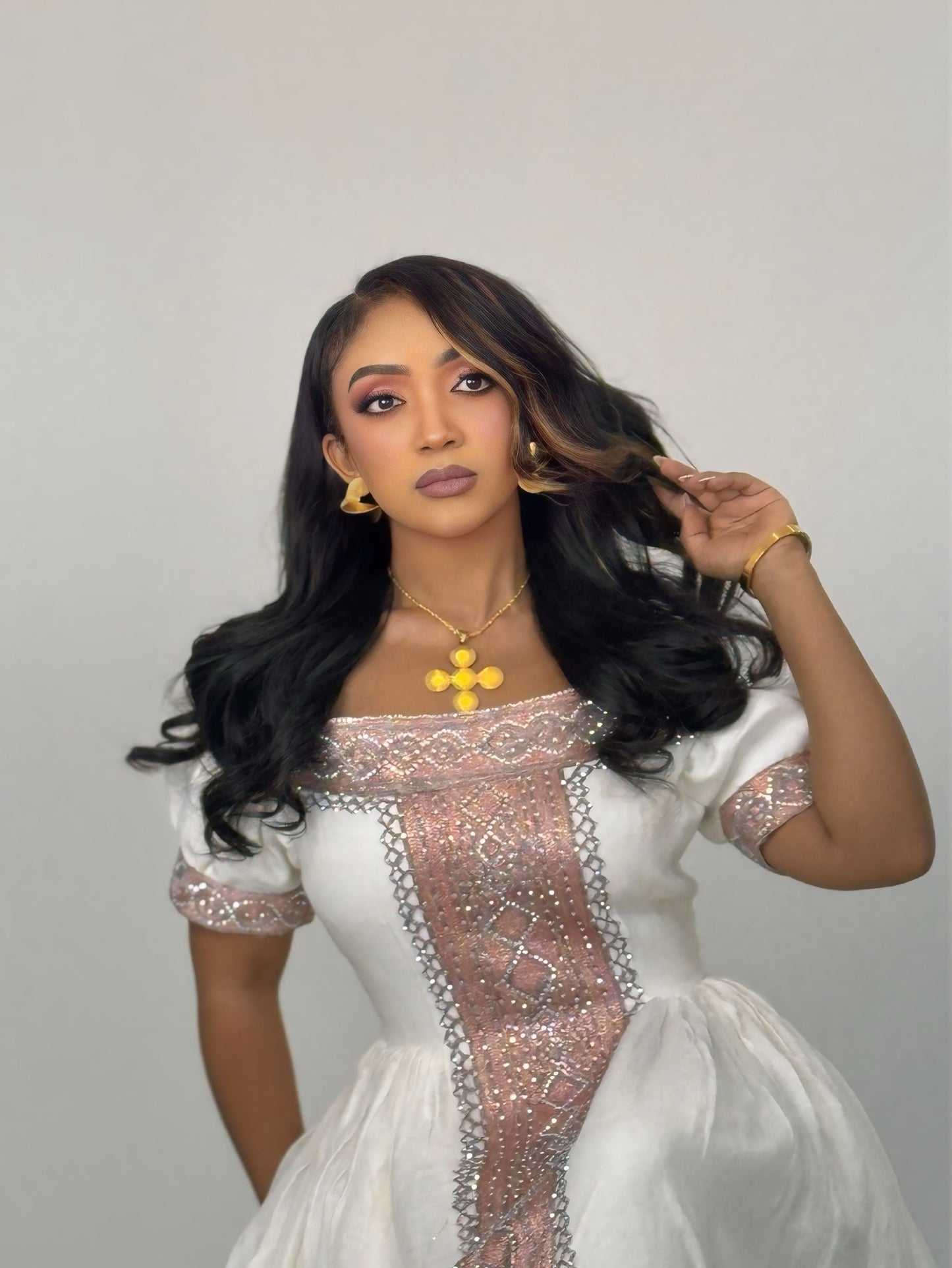 Shimmering Rose Gold Silver Habesha Dress Off-Shoulder Habesha Kemis Short Sleeved Ethiopian Dress 1080