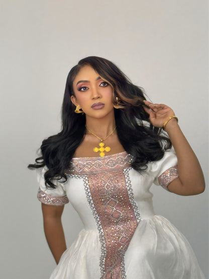 Shimmering Rose Gold Silver Habesha Dress Off-Shoulder Habesha Kemis Short Sleeved Ethiopian Dress 1080