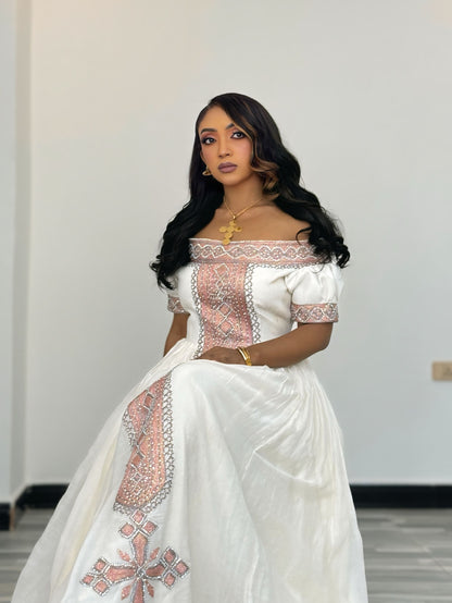 Shimmering Rose Gold Silver Habesha Dress Off-Shoulder Habesha Kemis Short Sleeved Ethiopian Dress 1080