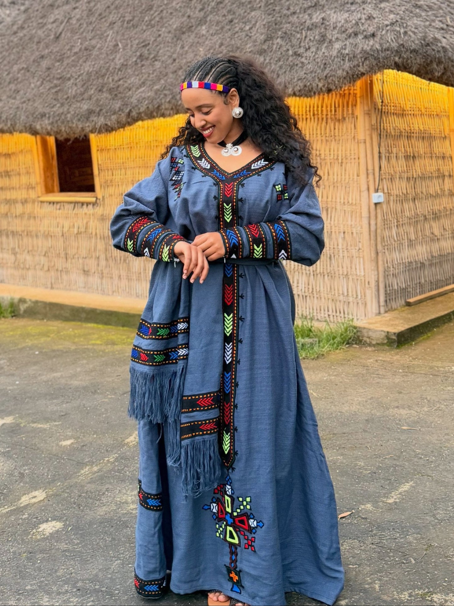 Denim Blue Multi Geometric Habesha Kemis Online Artisanal Ethiopian Clothing