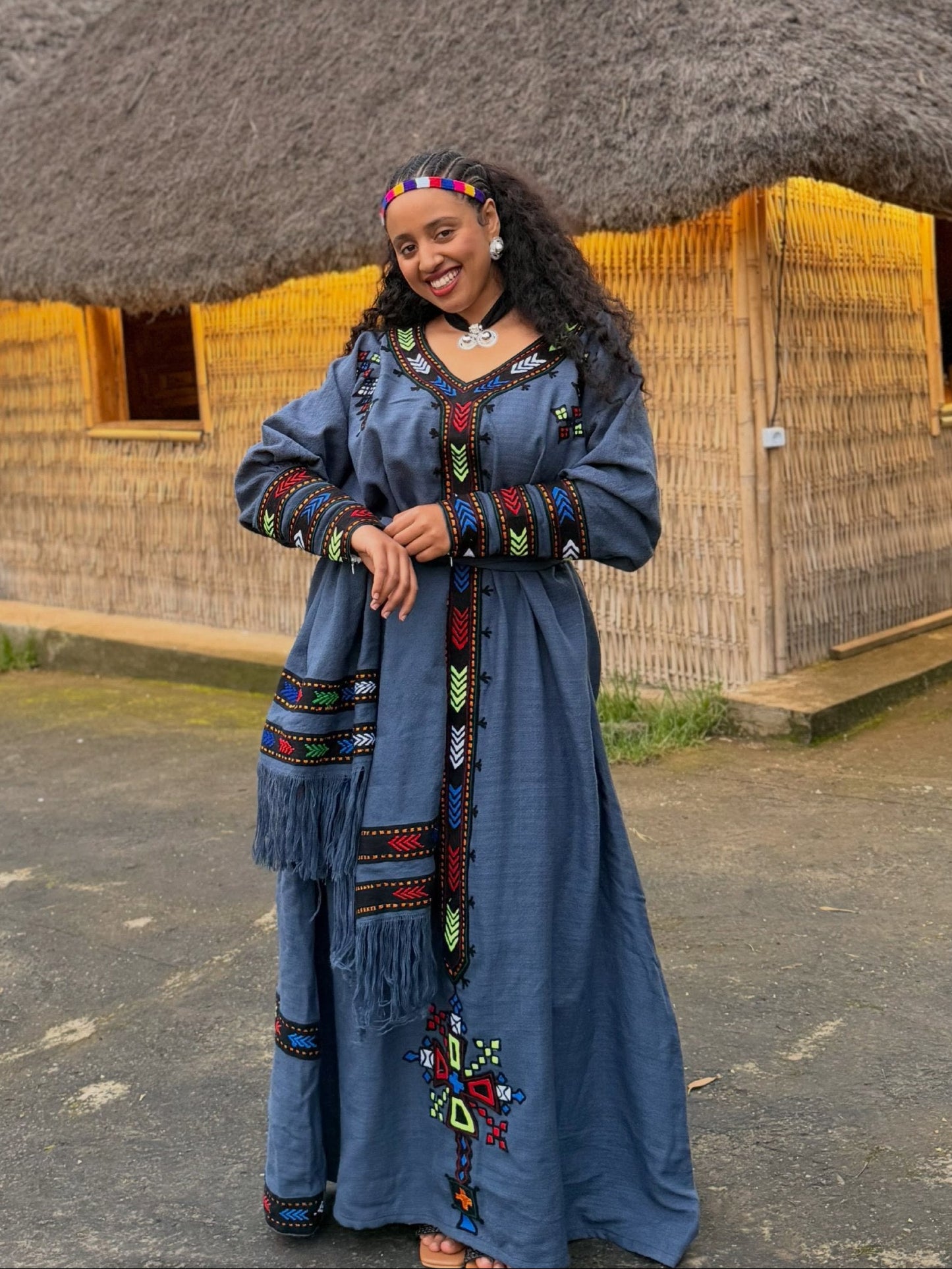 Slate Blue Rainbow Chevron Ethiopian Clothing V-Neck Habesha Dress Long Sleeve Habesha Kemis 1081