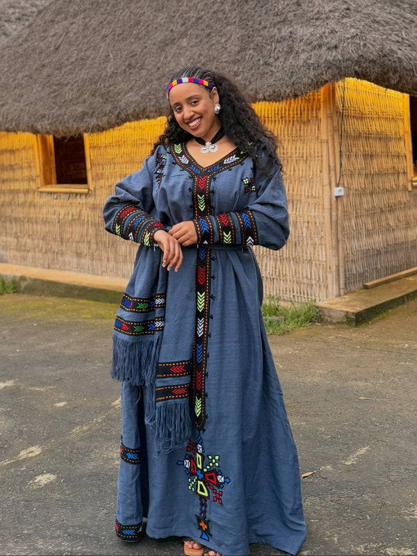 Slate Blue Rainbow Chevron Ethiopian Clothing V-Neck Habesha Dress Long Sleeve Habesha Kemis 1081