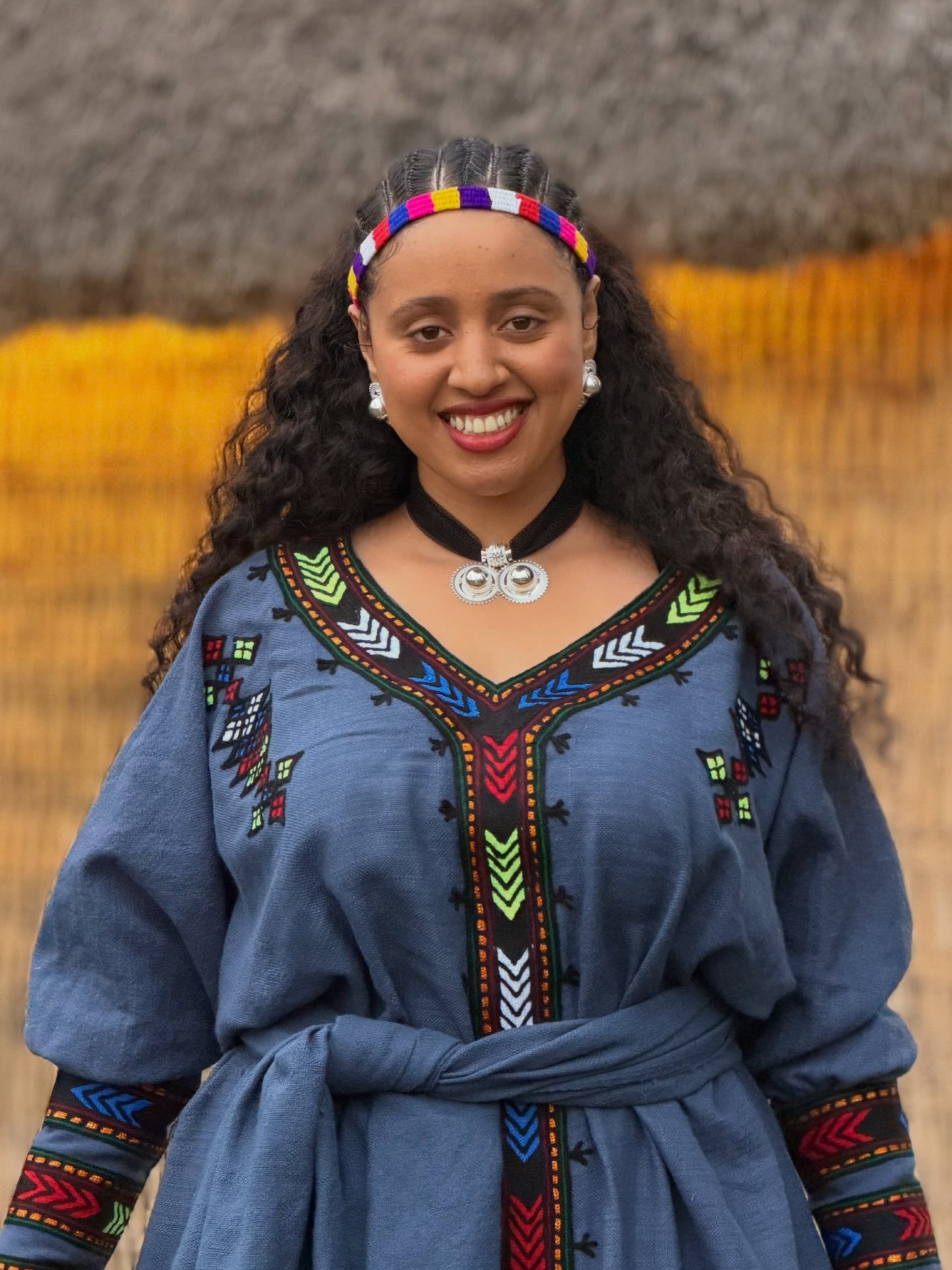 Slate Blue Rainbow Chevron Ethiopian Clothing V-Neck Habesha Dress Long Sleeve Habesha Kemis 1081
