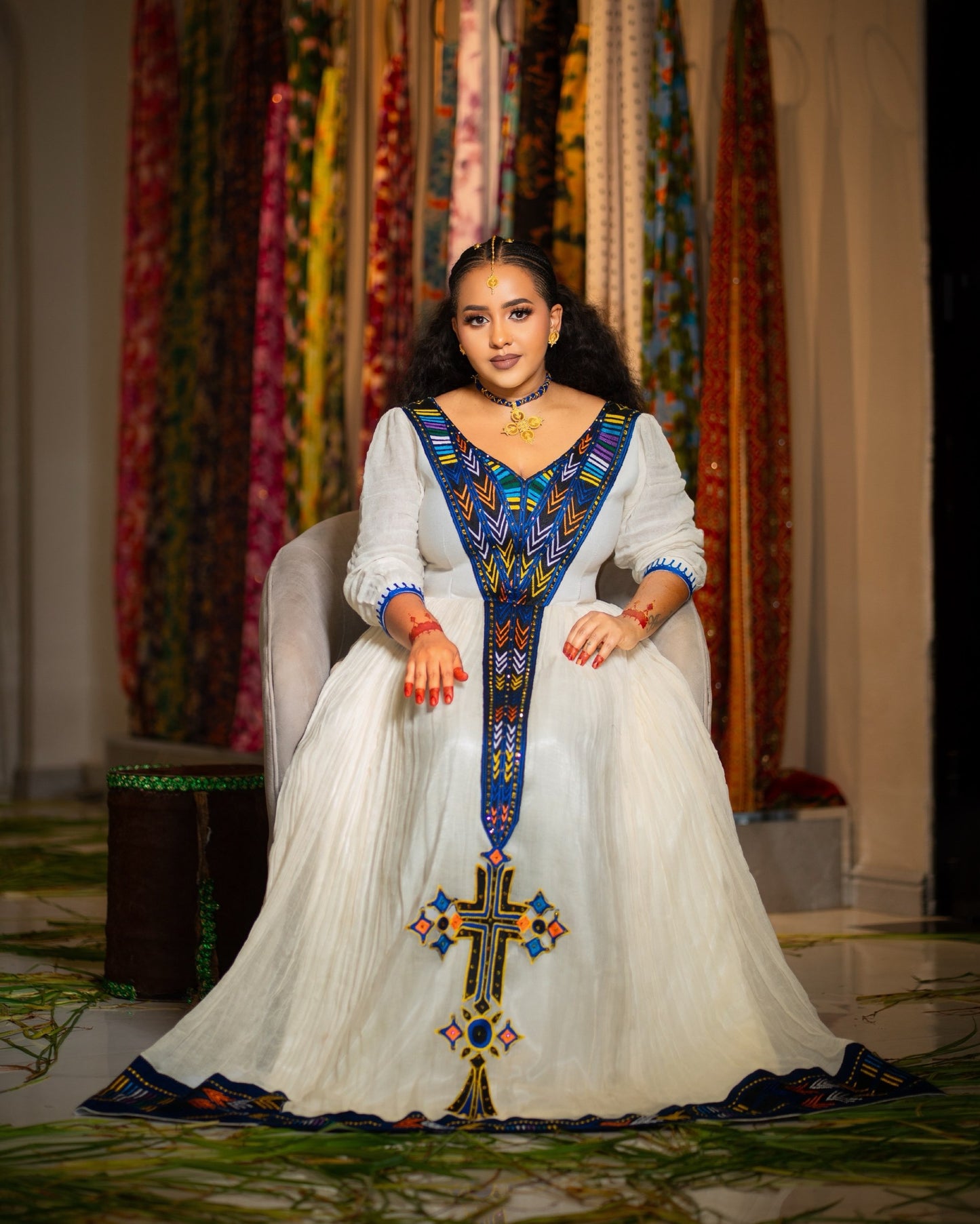 Sapphire Blue Geometric Habesha Kemis Online Timeless Traditional Ethiopian Dress Festive Habesha Dress 1082