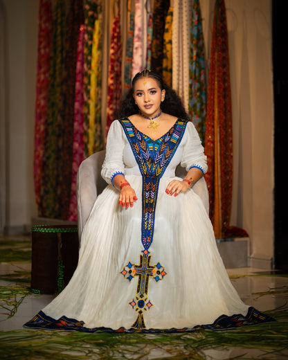 Sapphire Blue Geometric Habesha Kemis Online Timeless Traditional Ethiopian Dress Festive Habesha Dress 1082