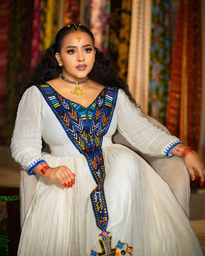 Sapphire Blue Geometric Habesha Kemis Online Timeless Traditional Ethiopian Dress Festive Habesha Dress 1082