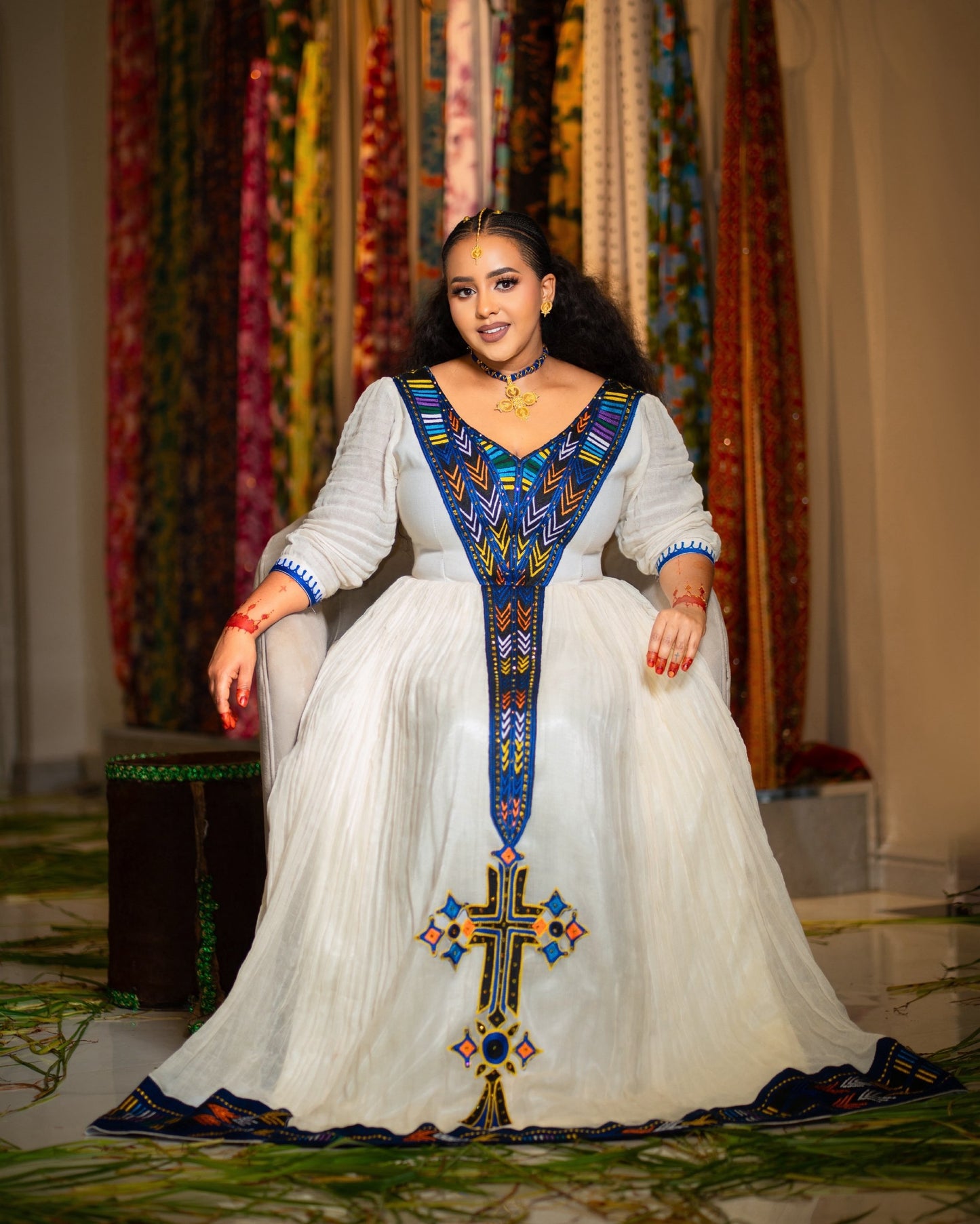 Sapphire Blue Geometric Habesha Kemis Online Timeless Traditional Ethiopian Dress Festive Habesha Dress 1082