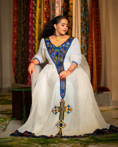 Royal Cobalt Chevron V-Yoke Habesha Traditional Dress Quarter Sleeve Ethiopian Dress