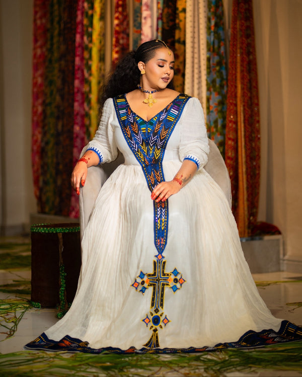 Royal Cobalt Chevron V-Yoke Habesha Traditional Dress Quarter Sleeve Ethiopian Dress