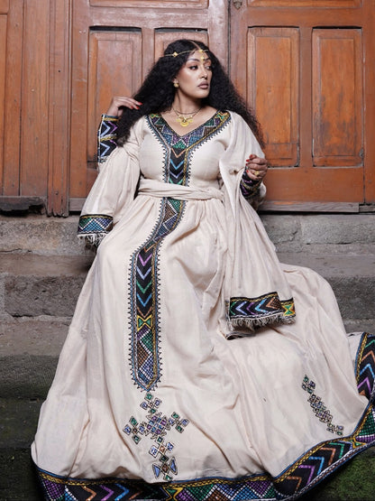 Regal Violet Chevron Habesha Kemis Online Handloomed Traditional Ethiopian Clothing For Festive 1085