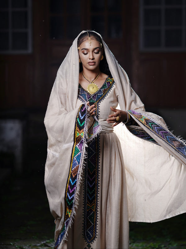 Regal Violet Chevron Habesha Kemis Online Handloomed Traditional Ethiopian Clothing For Festive 1085