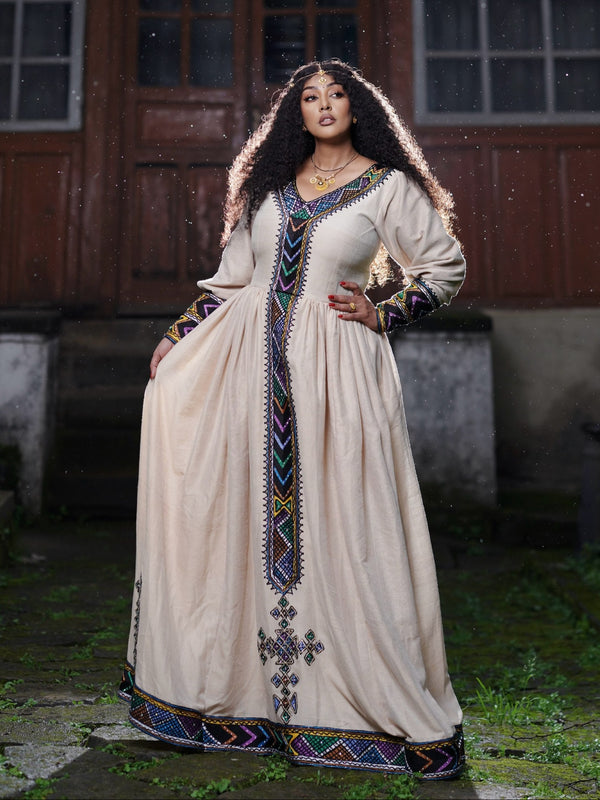 Regal Violet Chevron Habesha Kemis Online Handloomed Traditional Ethiopian Clothing